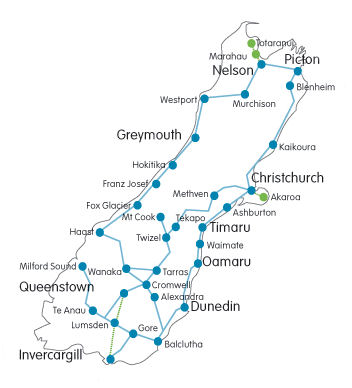 South Island coach and bus route map